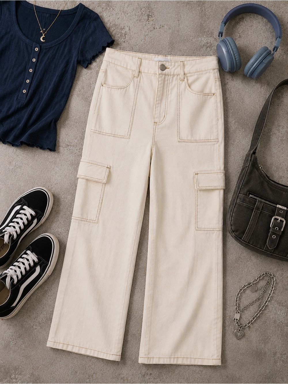 Cato Charlotte Cargo Pants Cream Wide Leg Y2K Utility Trendy Size Girls 18 (XL)